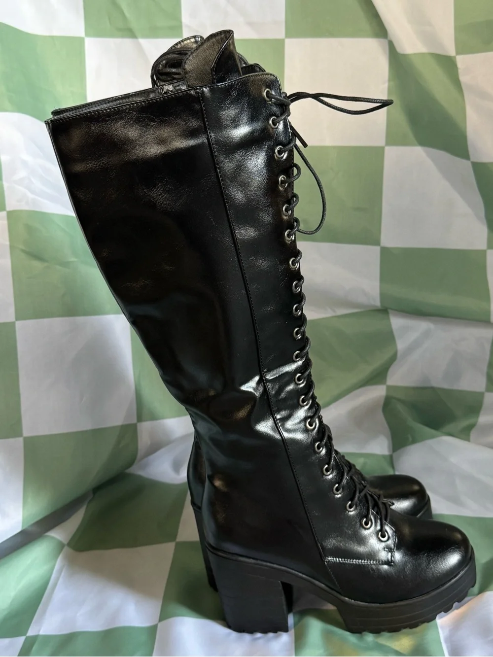 Black Lace-Up Platform Knee-High Boots - Women